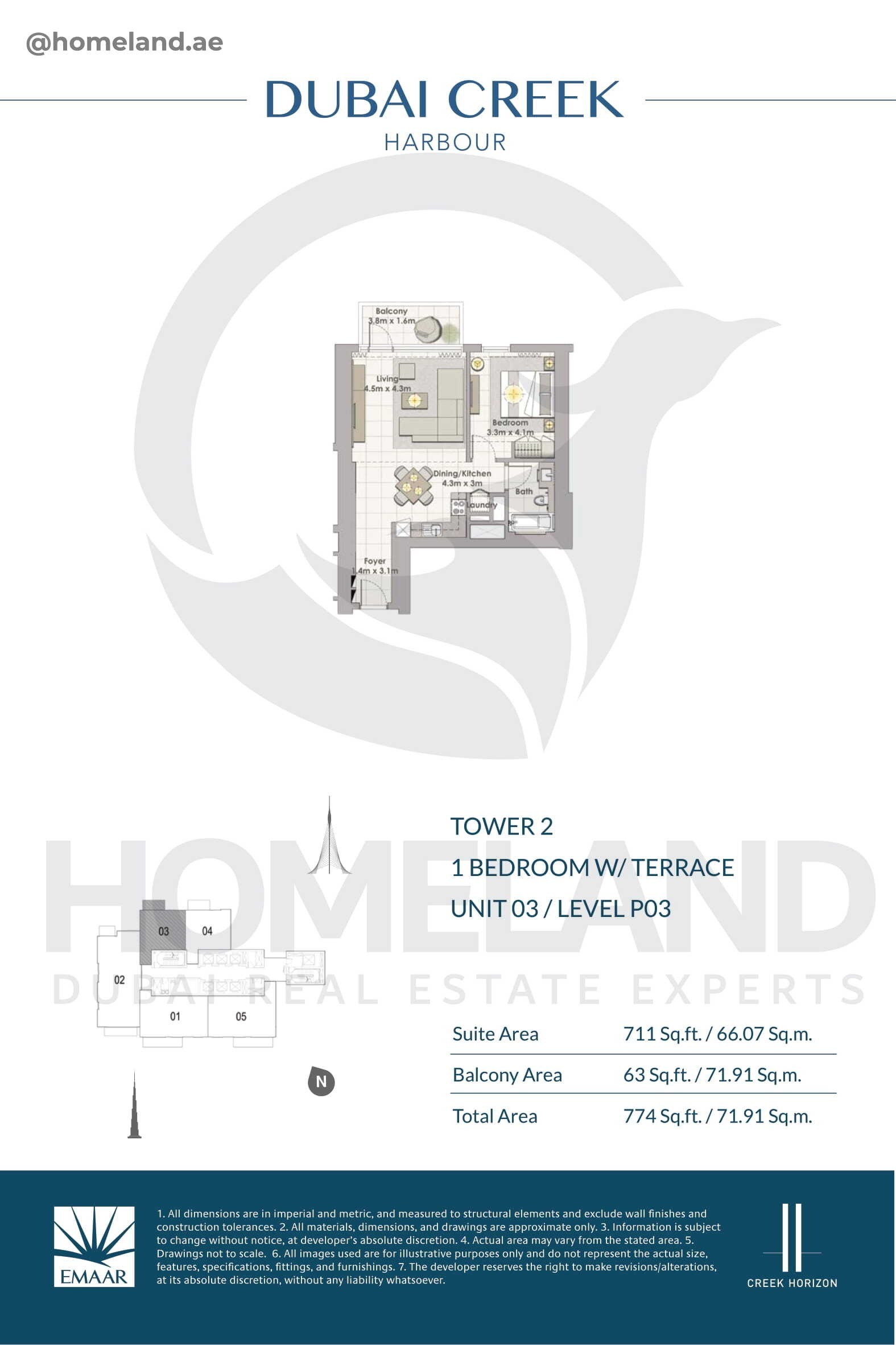 Creek Horizon, Tower 2, 1 BR Terrace, Unit 03, Level P03, 774 SQFT