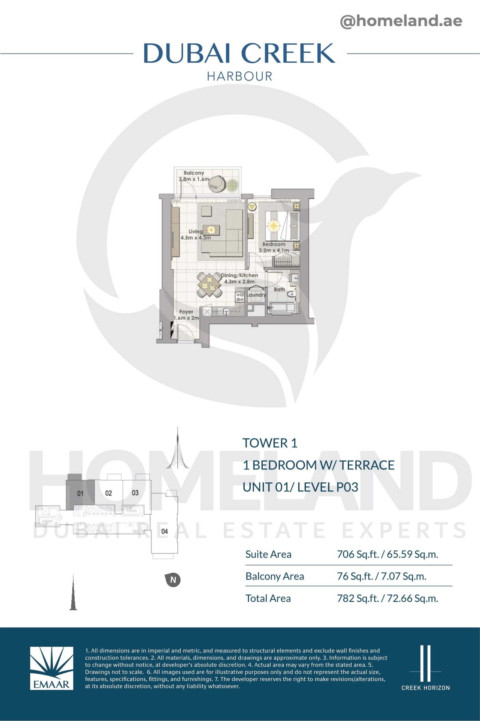 Creek Horizon, Tower 1, 1 BR Terrace, Unit 01, Level P03, 782 SQFT