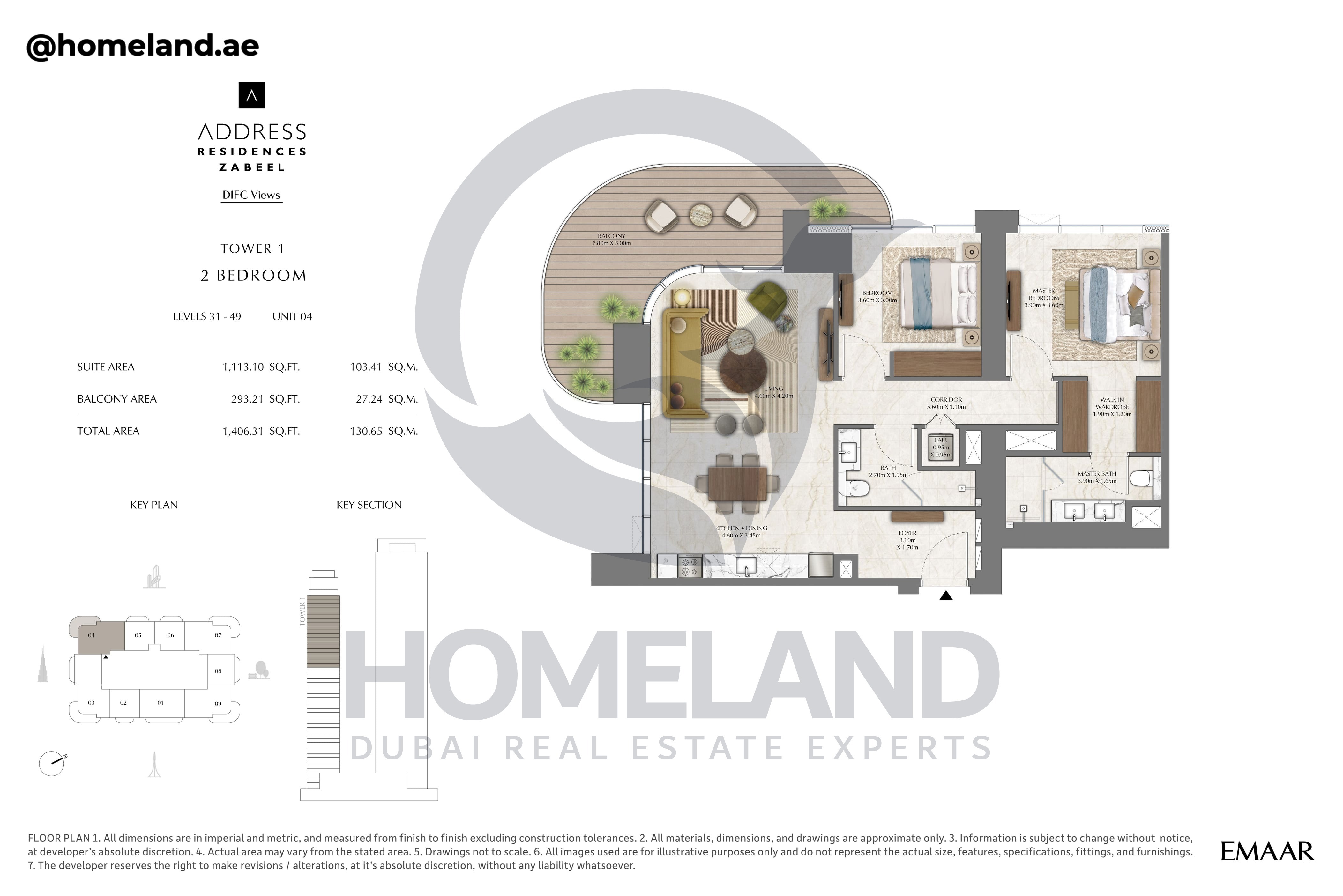 Address Residences Zabeel, Tower 1, 2BR, Level 31-49, Unit 04, 1406 SQFT