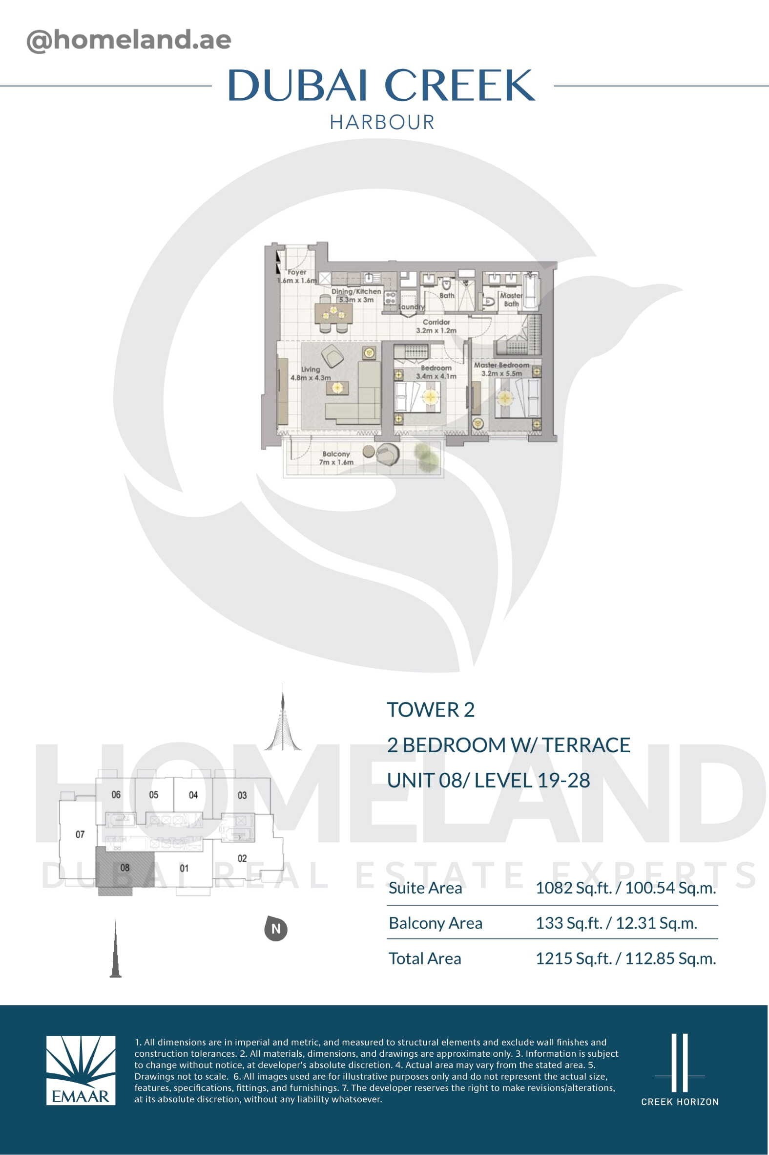 Creek Horizon, Tower 2, 2 BR Terrace, Unit 08, Level 19-28, 1215 SQFT