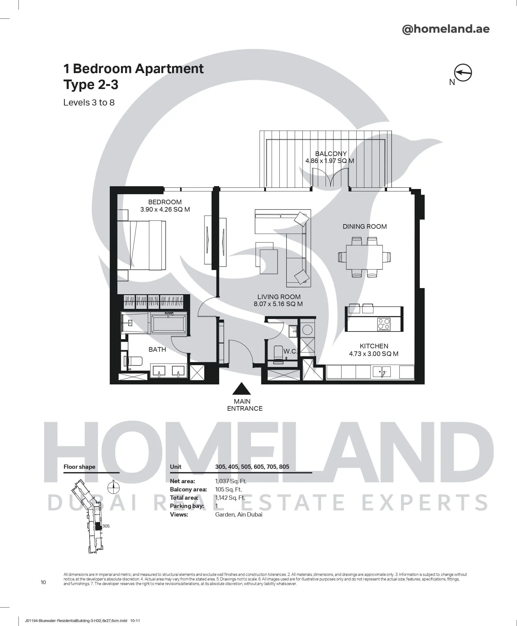 Bluewaters Residential Building Tower 3, 1 BR, Type 2-3, Level 3-8, Unit 305-405-505-605-705-805, 1142 SQFT
