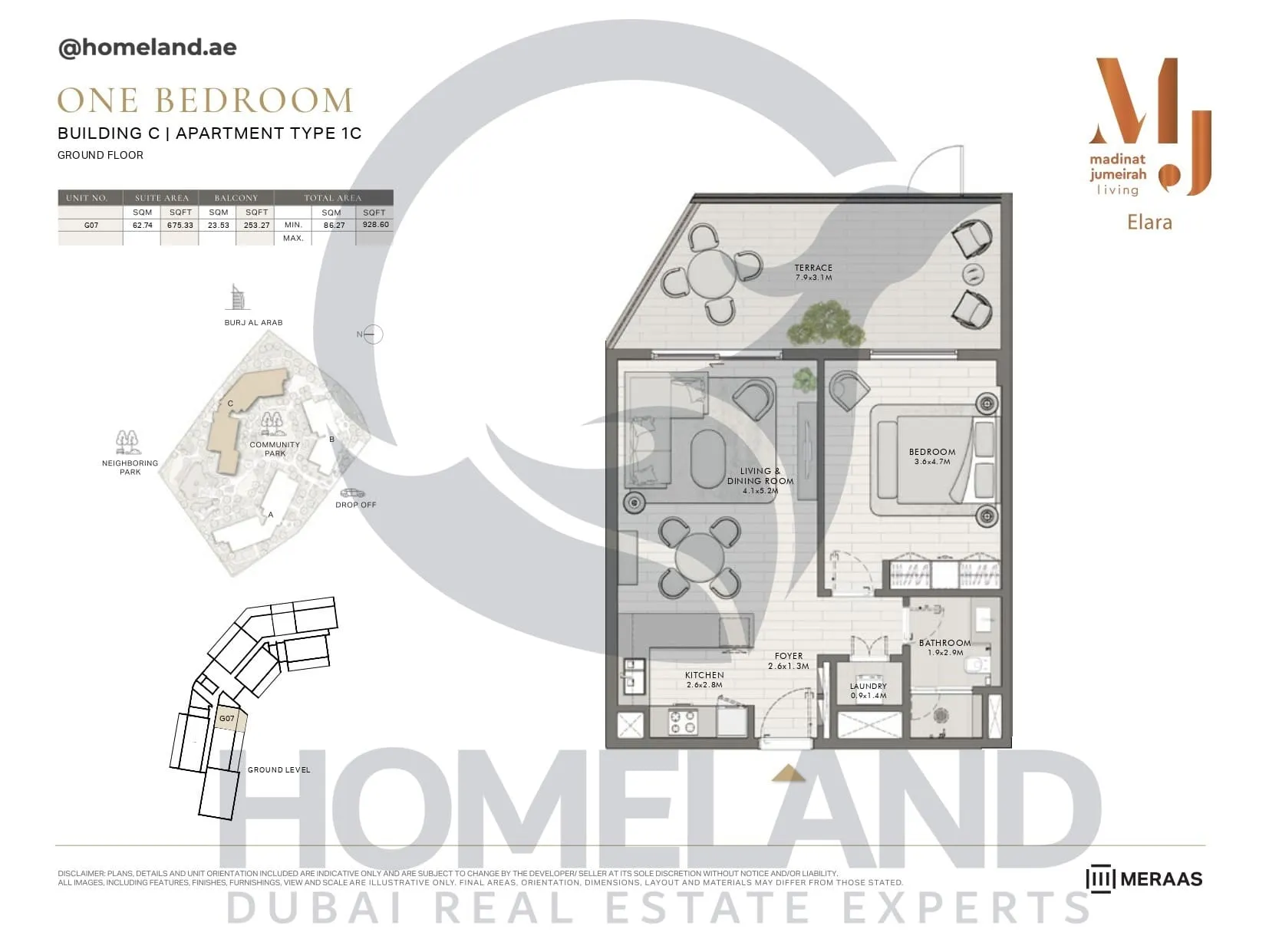 Elara, Building C, Type 1C, 1 BR, Unit G07, Ground Floor, 928 SQFT
