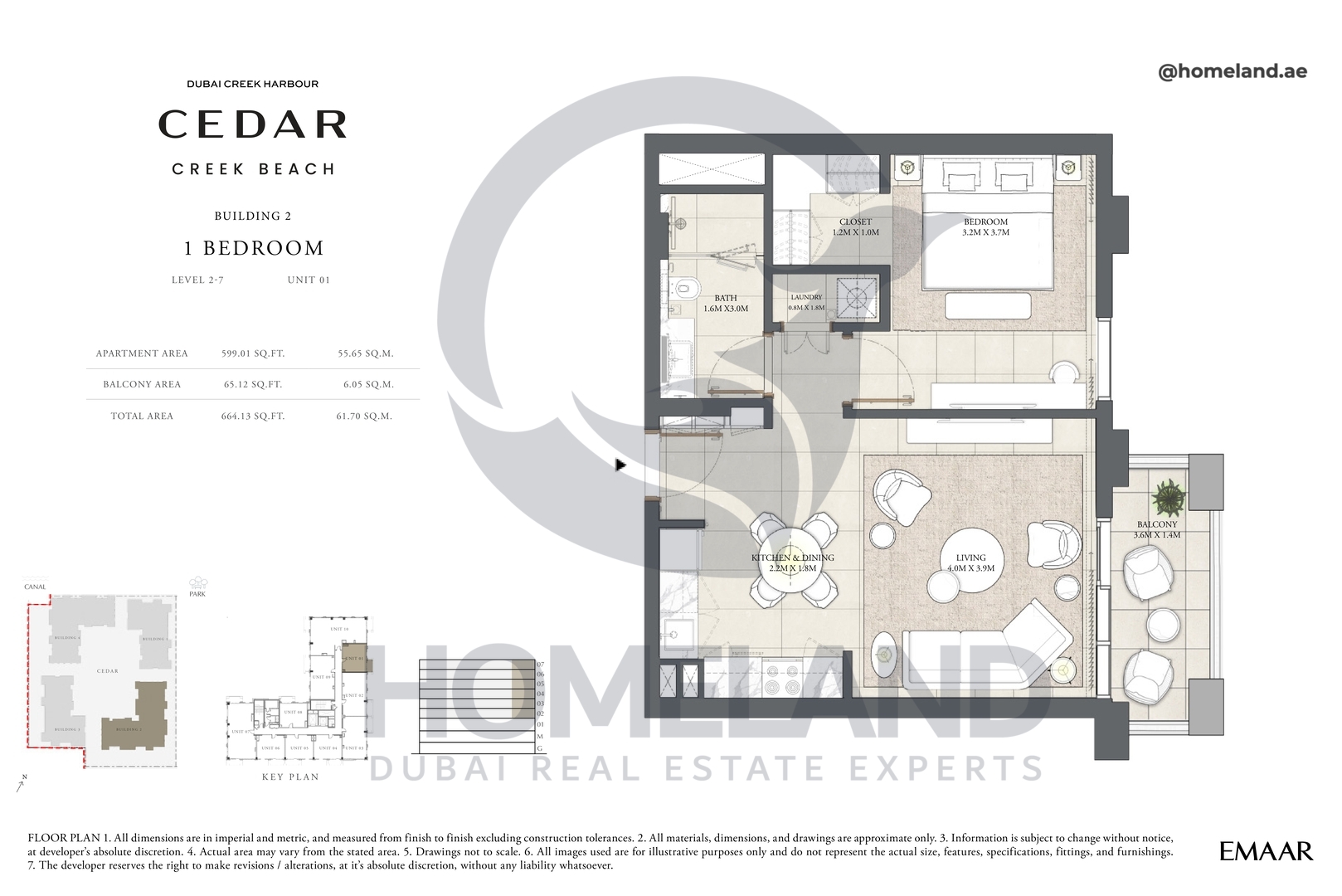 Cedar, Building 2, 1 BR, Level 2-7, Unit 01, 664 SQFT