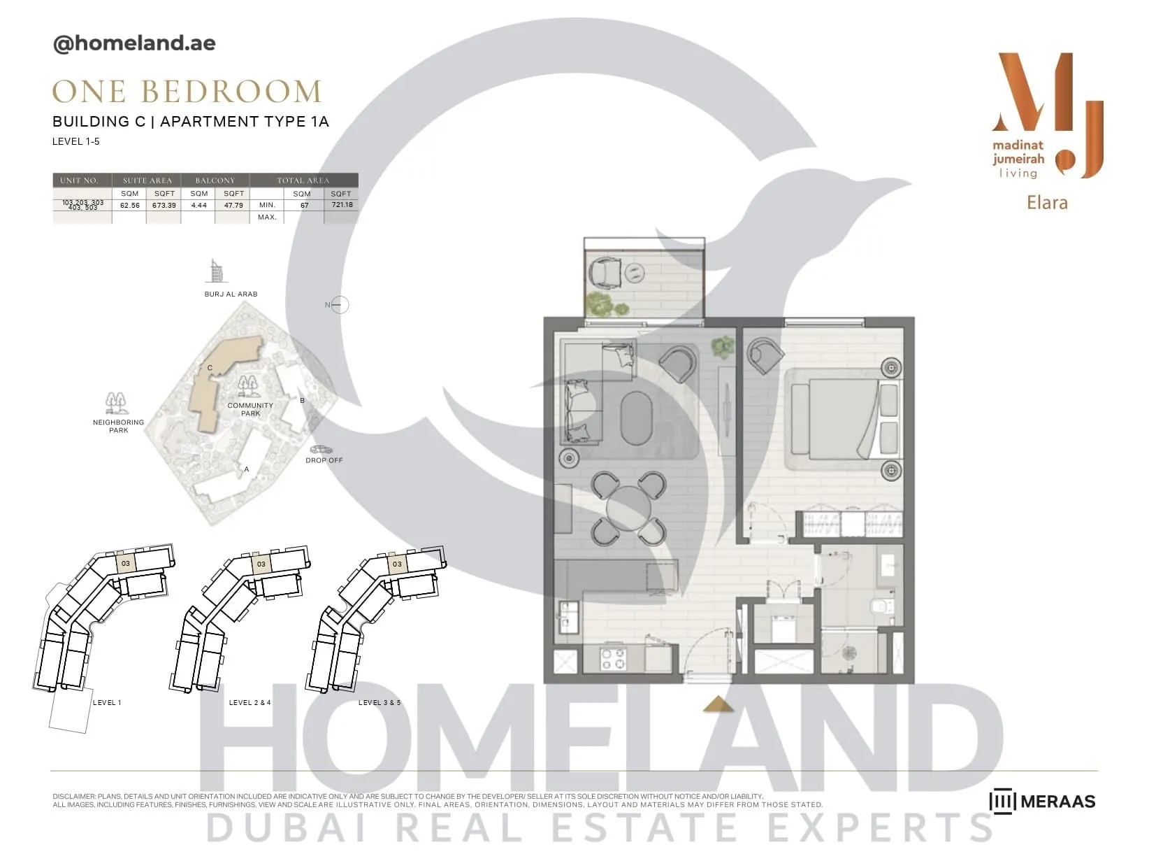 Elara, Building C, Type 1A, 1 BR, Unit 103-203-303-403-503, Level 1-5, 721 SQFT