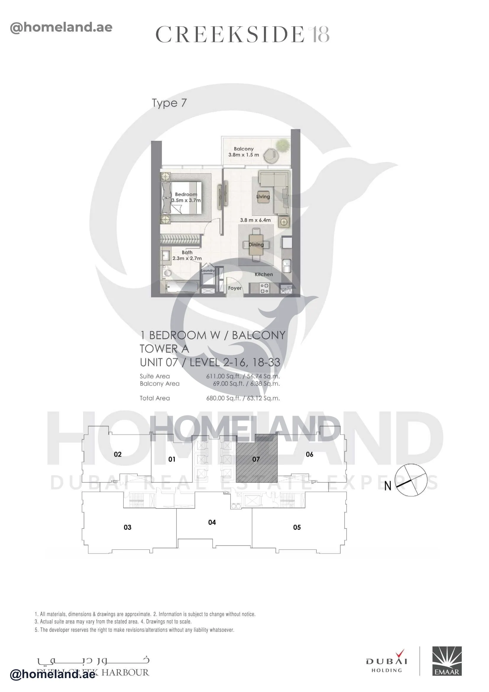 Creekside 18, Tower A, 1 BR Balcony, Unit 07, Level 2-16-18-33, 680 SQFT