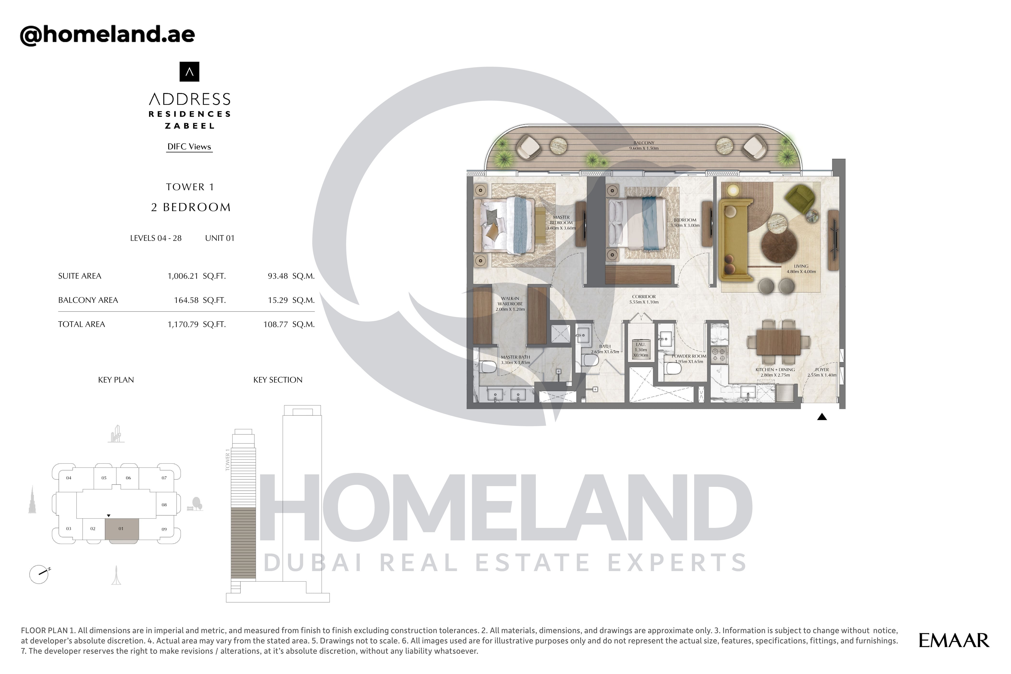 Address Residences Zabeel, Tower 1, 2BR, Level 4-28, Unit 01, 1170 SQFT