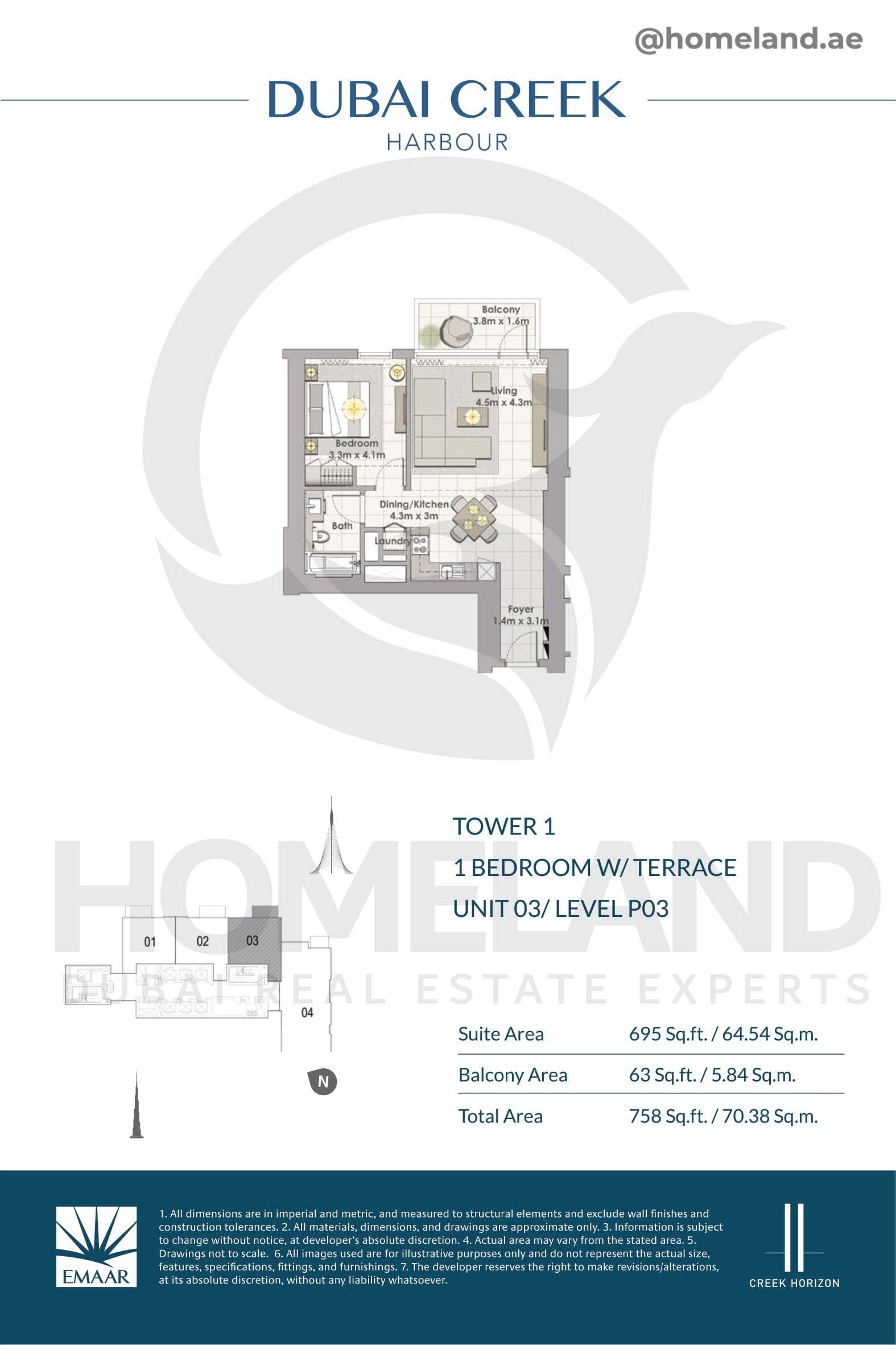 Creek Horizon, Tower 1, 1 BR Terrace, Unit 03, Level P03, 758 SQFT