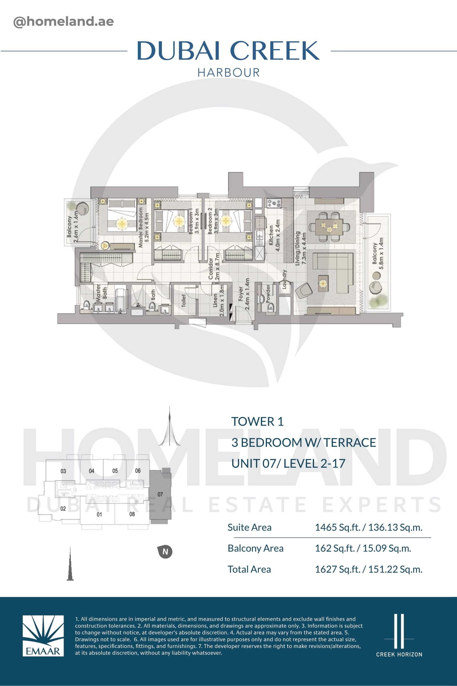 Creek Horizon, Tower 1, 3 BR Terrace, Unit 07, Level 2-17, 1627 SQFT
