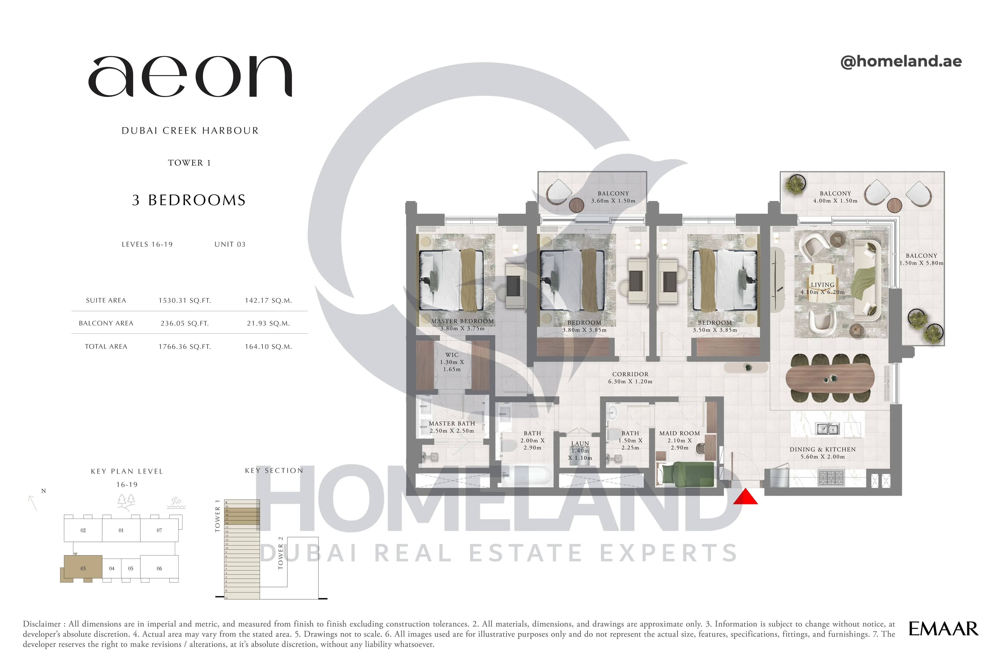 Aeon, Tower 1, 3 BR, Level 16-19, Unit 03, 1766 SQFT