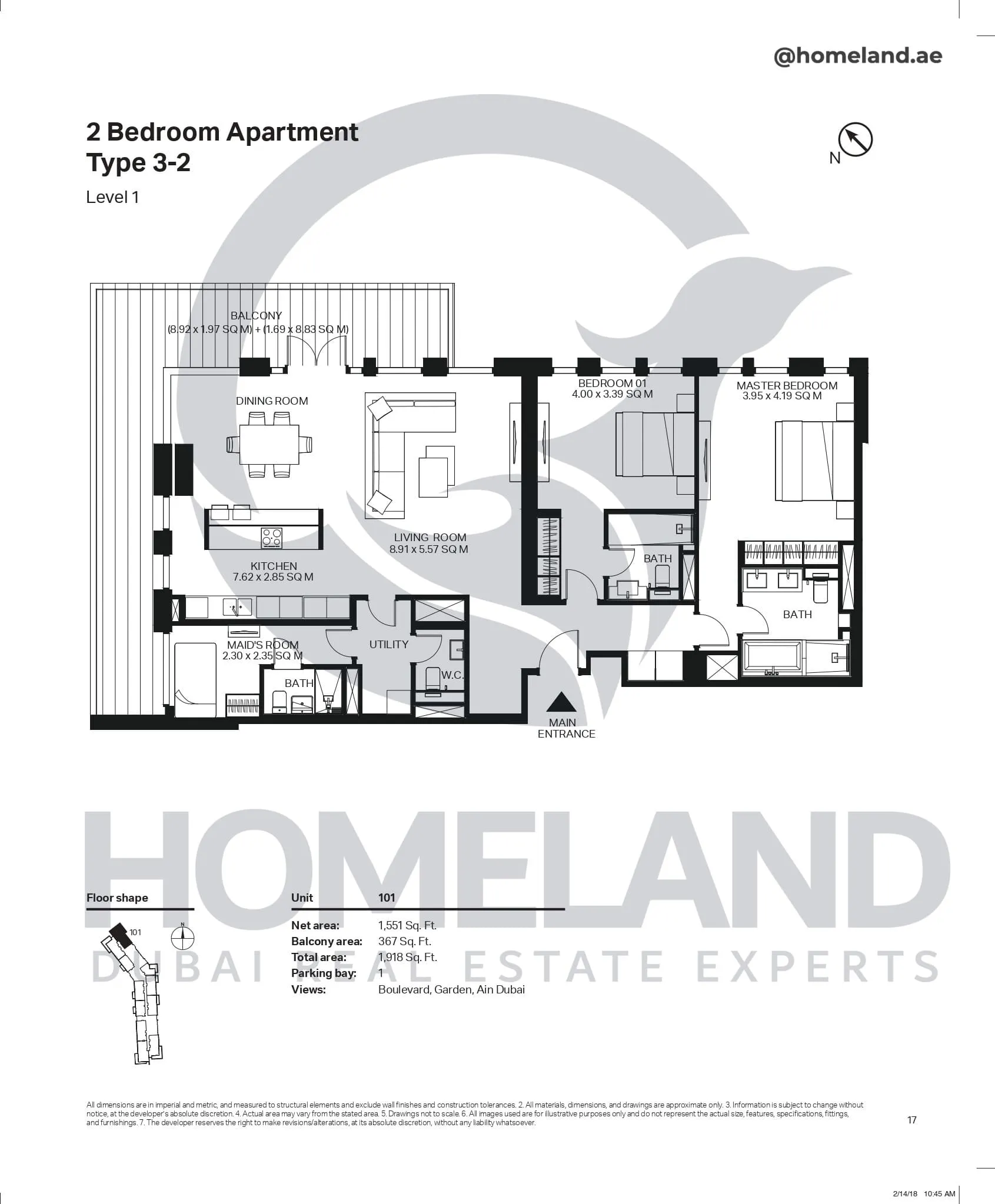 Bluewaters Residential Building Tower 3, 2 BR, Type 3-2, Level 1, Unit 101, 1918 SQFT