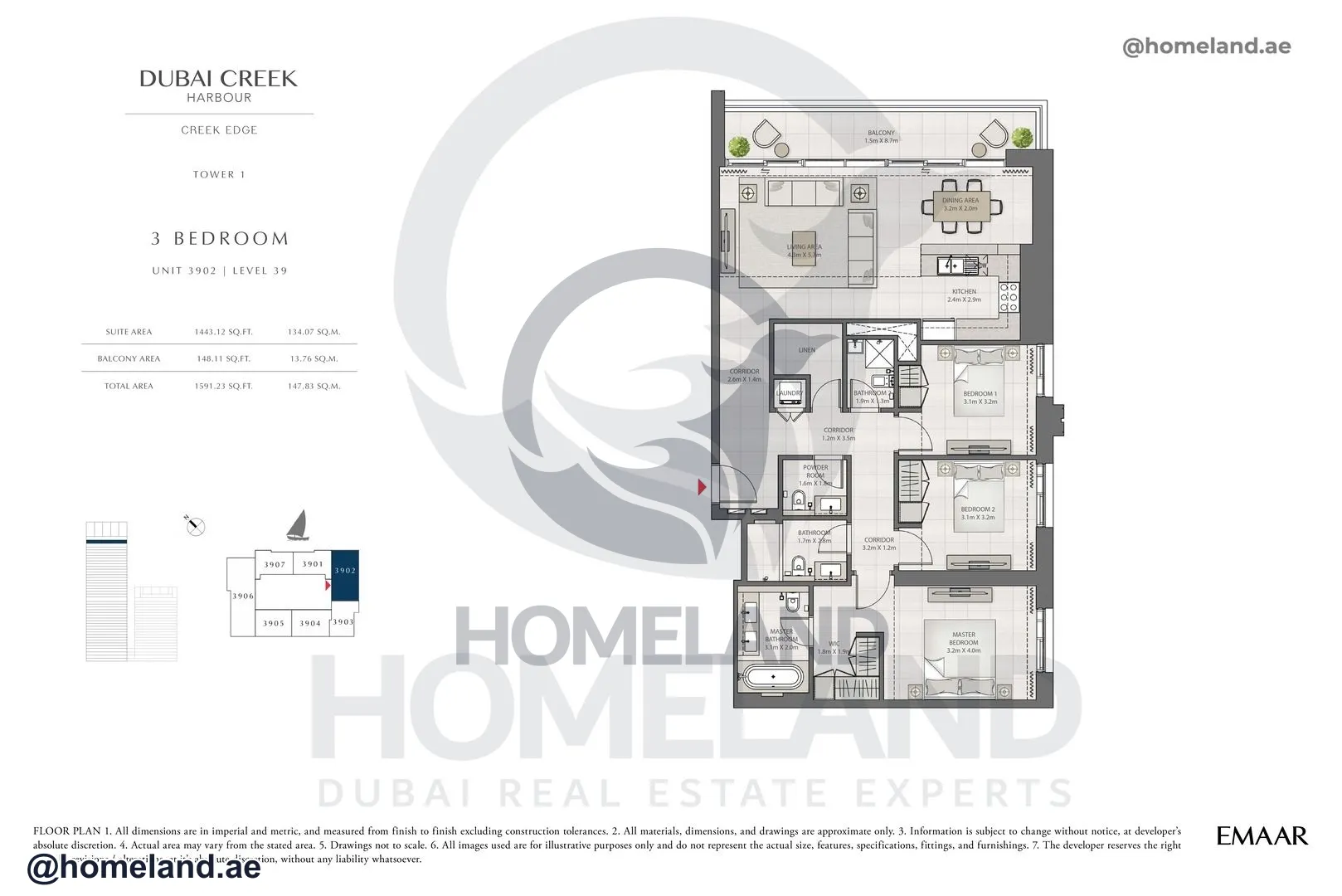 Creek Edge, Tower 1, 3 BR, Unit 3902, Level 39, 1591 SQFT