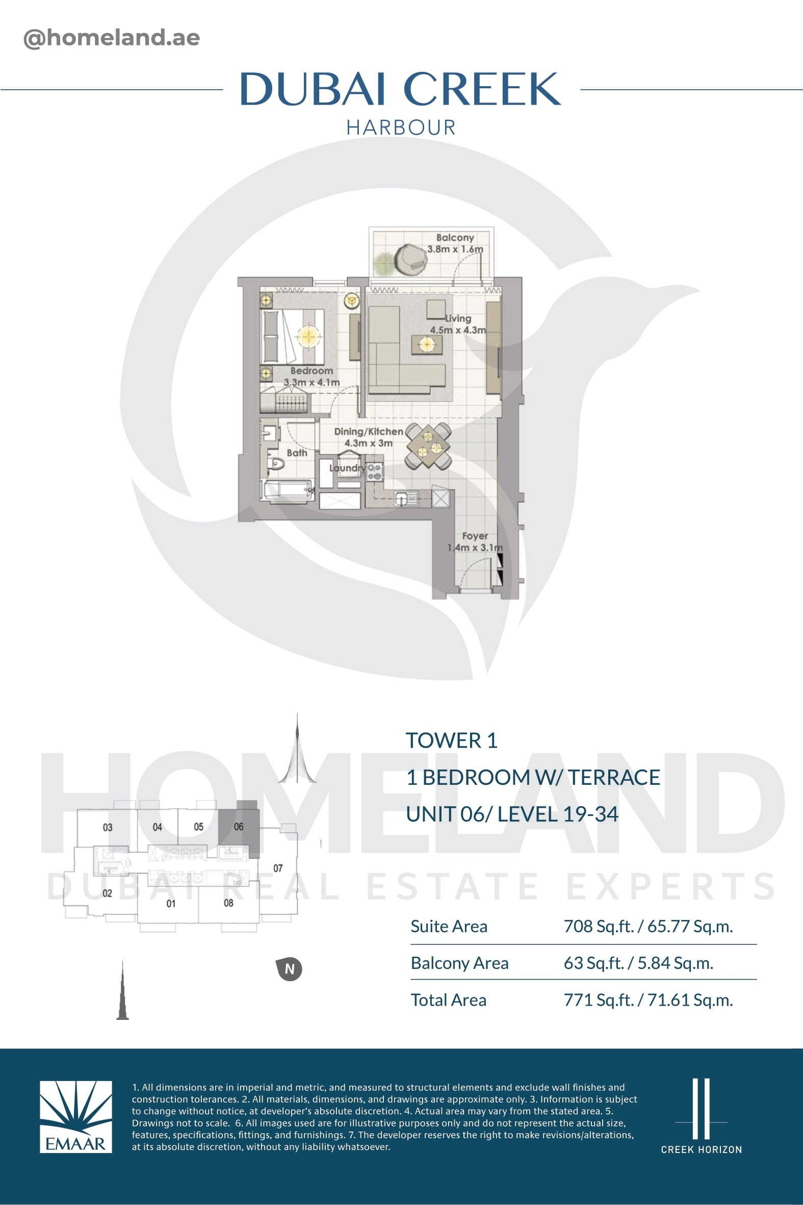 Creek Horizon, Tower 1, 1 BR Terrace, Unit 06, Level 19-34, 771 SQFT