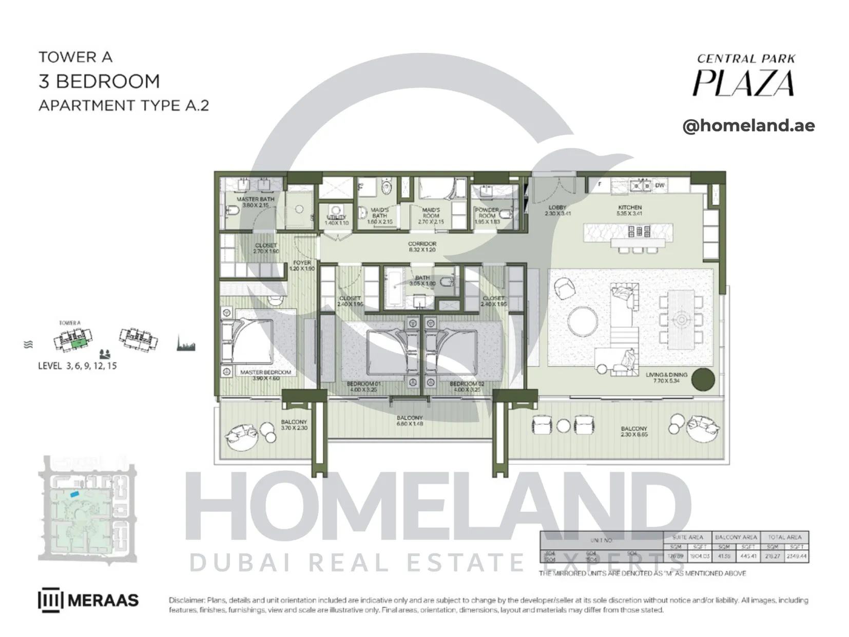 Central Park Plaza, Tower A, 3 BR, Type A.2, Level 3-6-9-12-15, 2349 SQFT