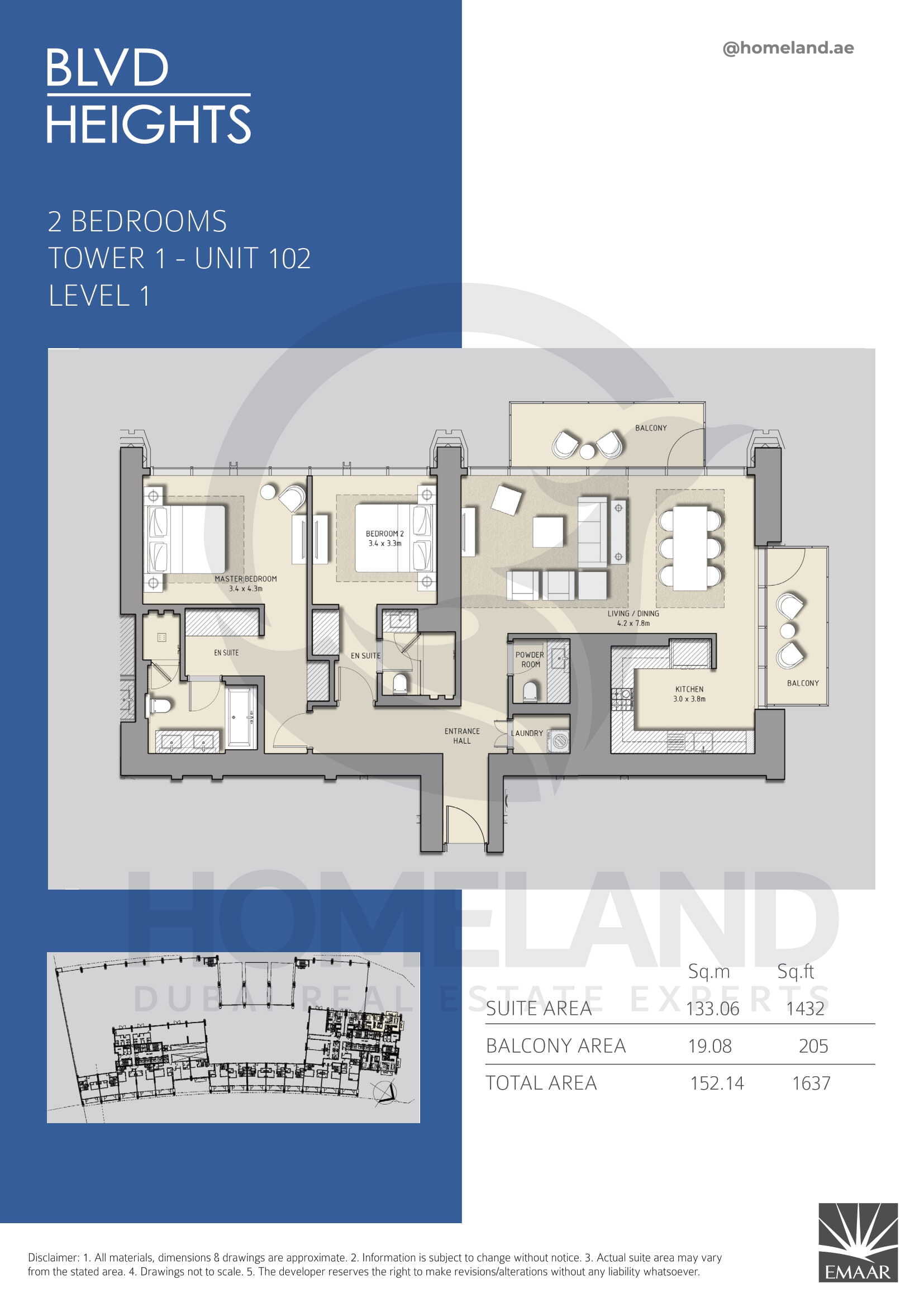 Blvd Heights T1, 2 BR, Unit 102, Level 1, 1637 SQFT