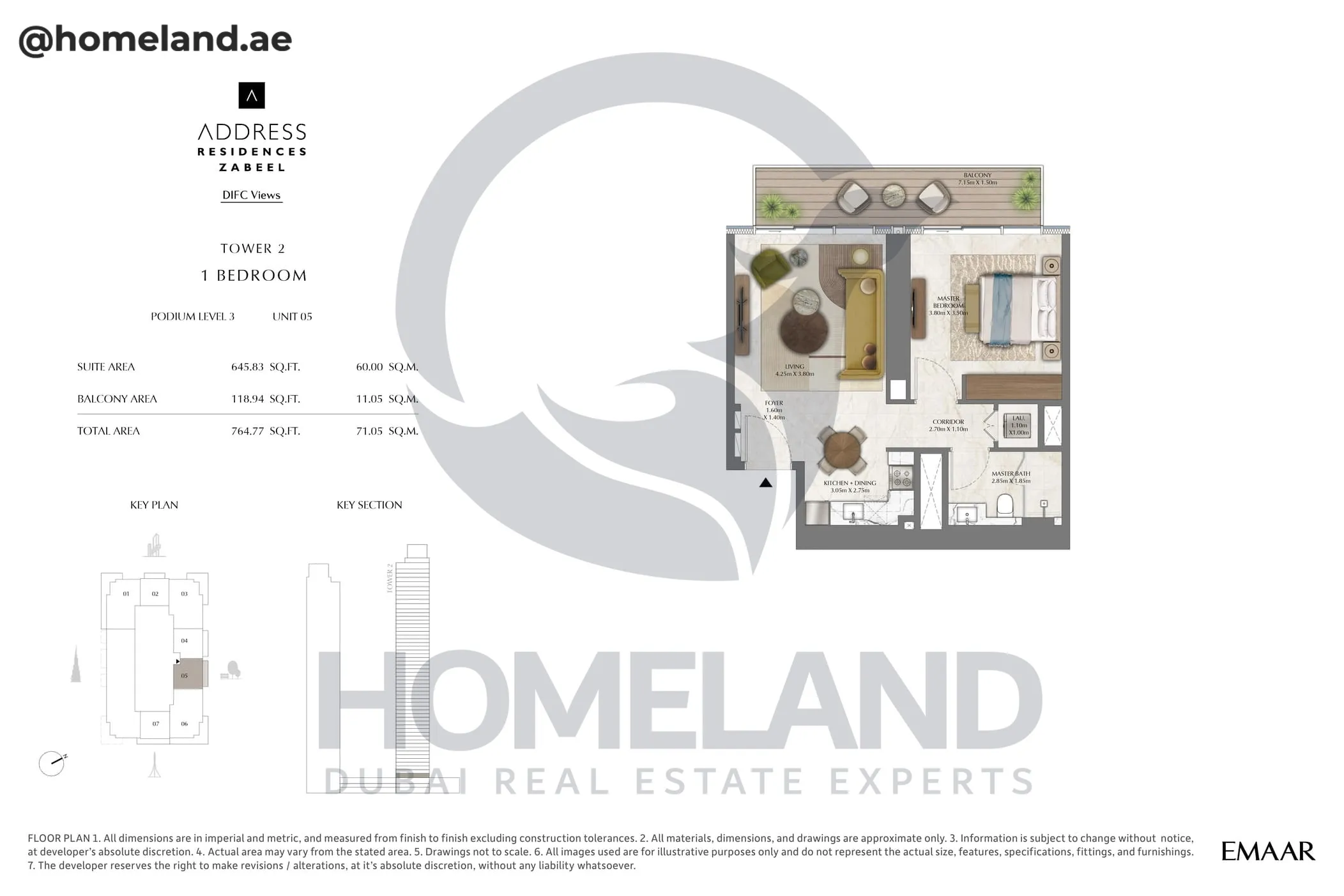 Address Residences Zabeel, Tower 2, 1BR, Podium Level 3, Unit 05, 764 SQFT
