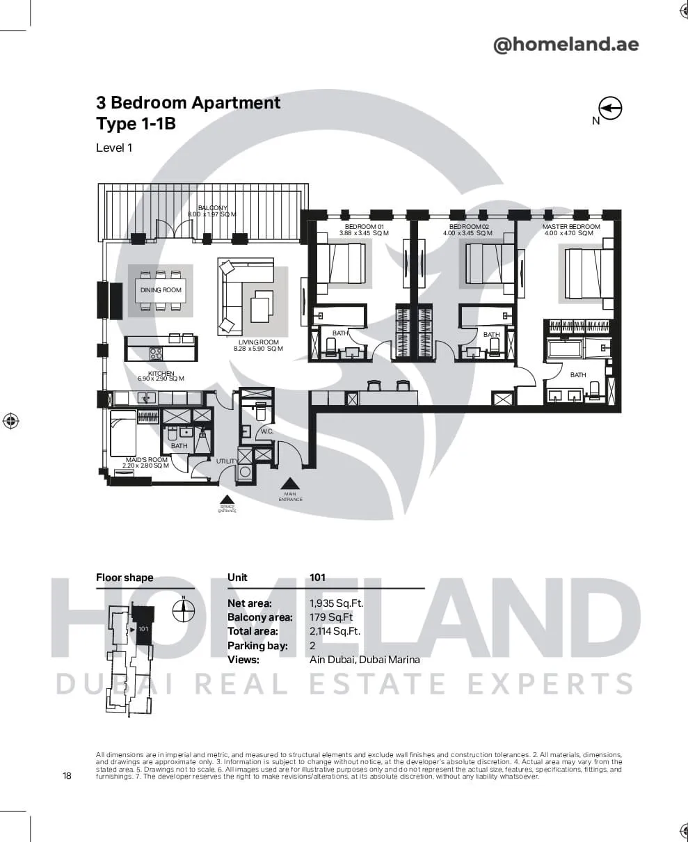 Bluewaters Residential Building Tower 6, 3 BR, Type 1-1B, Level 1, Unit 101, 2114 SQFT