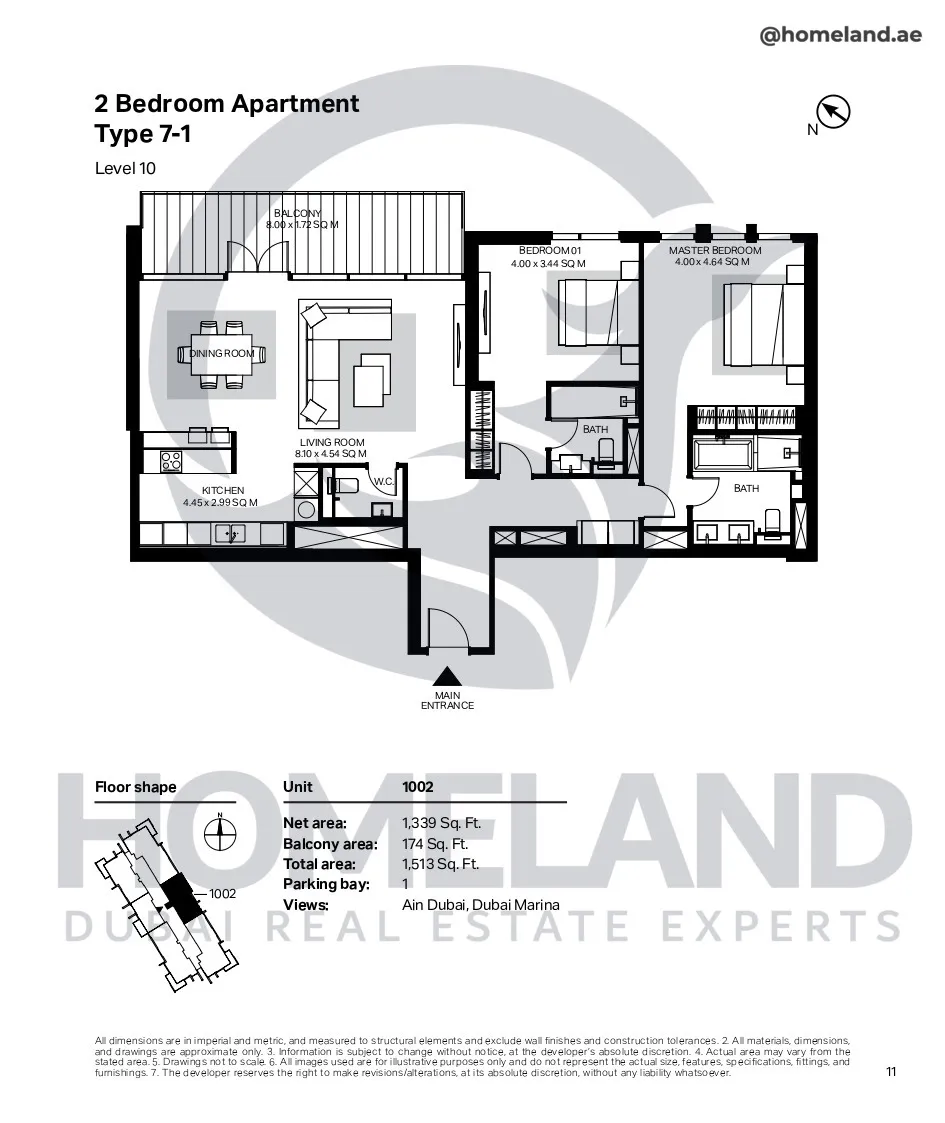 Bluewaters Residential Building Tower 7, 2 BR, Type 7-1, Level 10, Unit 1002, 1513 SQFT