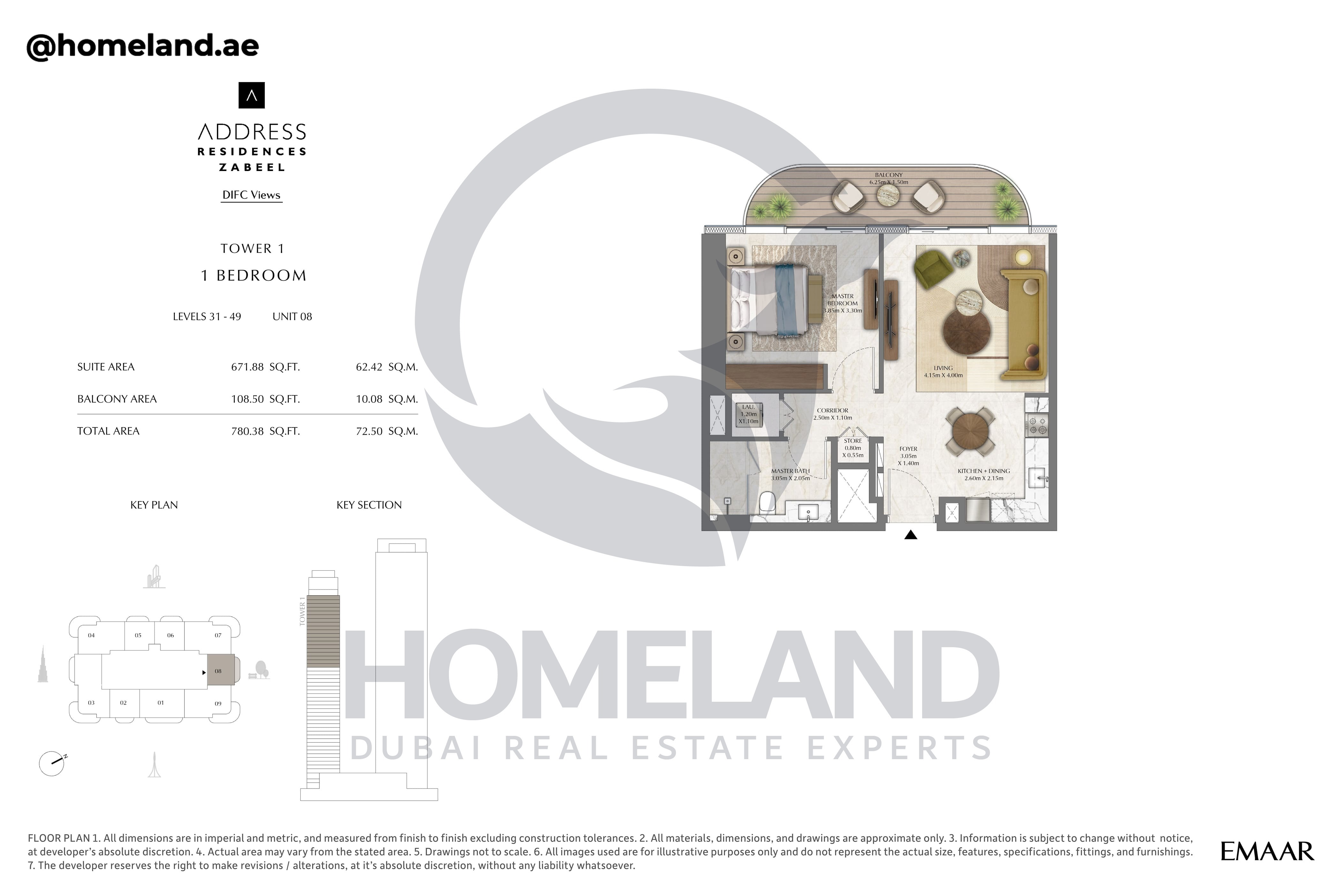 Address Residences Zabeel, Tower 1, 1BR, Level 31-49, Unit 08, 780 SQFT
