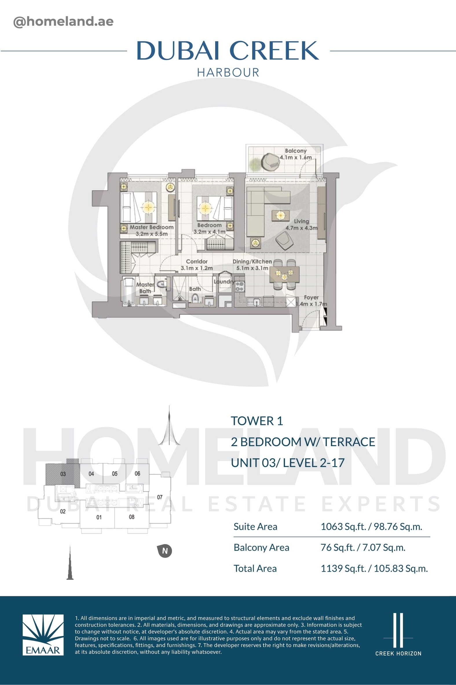 Creek Horizon, Tower 1, 2 BR Terrace, Unit 03, Level 2-17, 1139 SQFT
