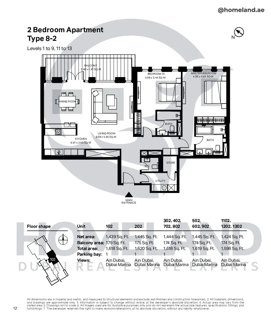Bluewaters Residential Building Tower 7, 2 BR, Type 8-2, Level 1-9-11-13, Unit 102-202-302-402-702-802, 1620 SQFT