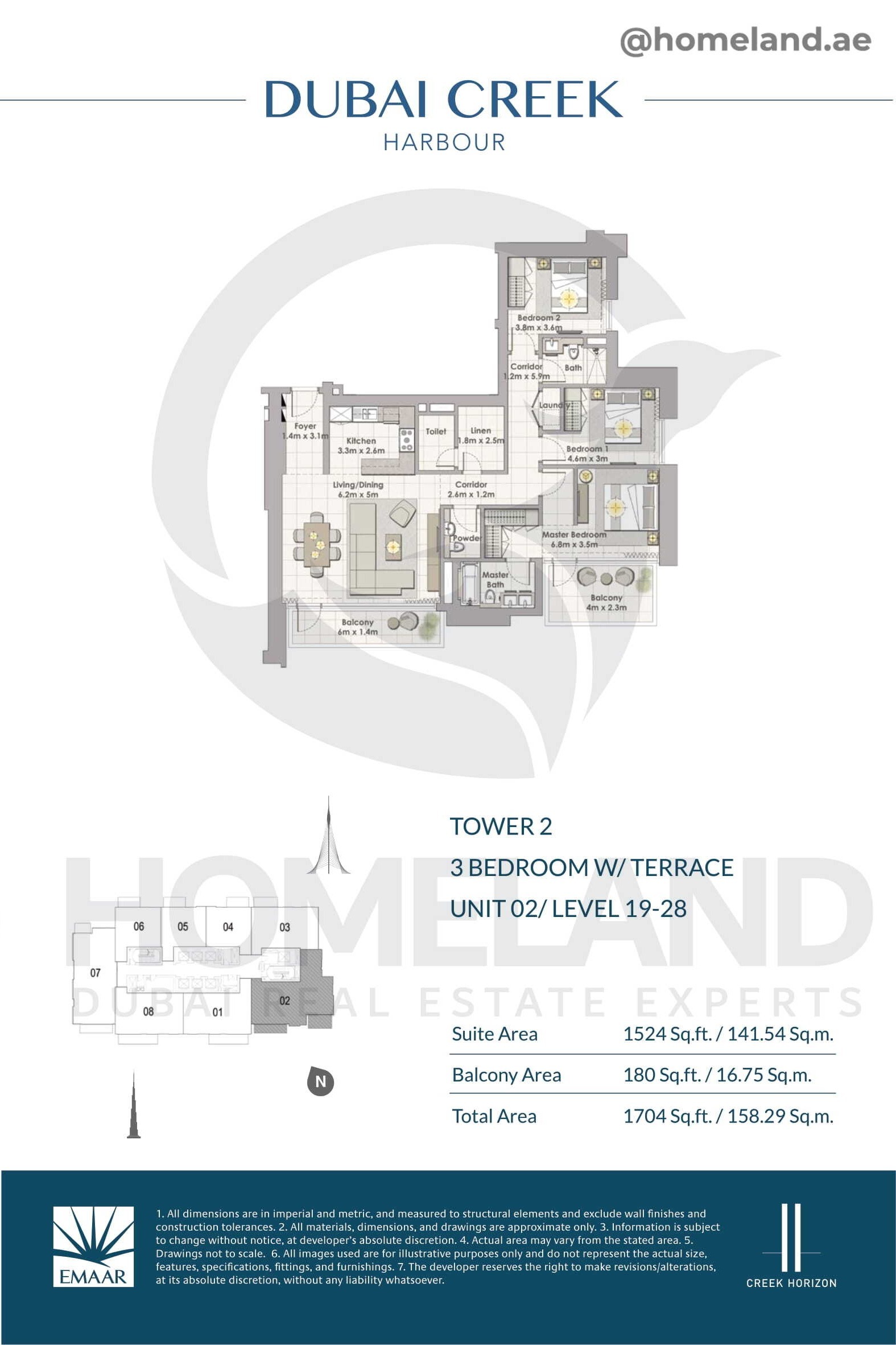 Creek Horizon, Tower 2, 3 BR Terrace, Unit 02, Level 19-28, 1704 SQFT